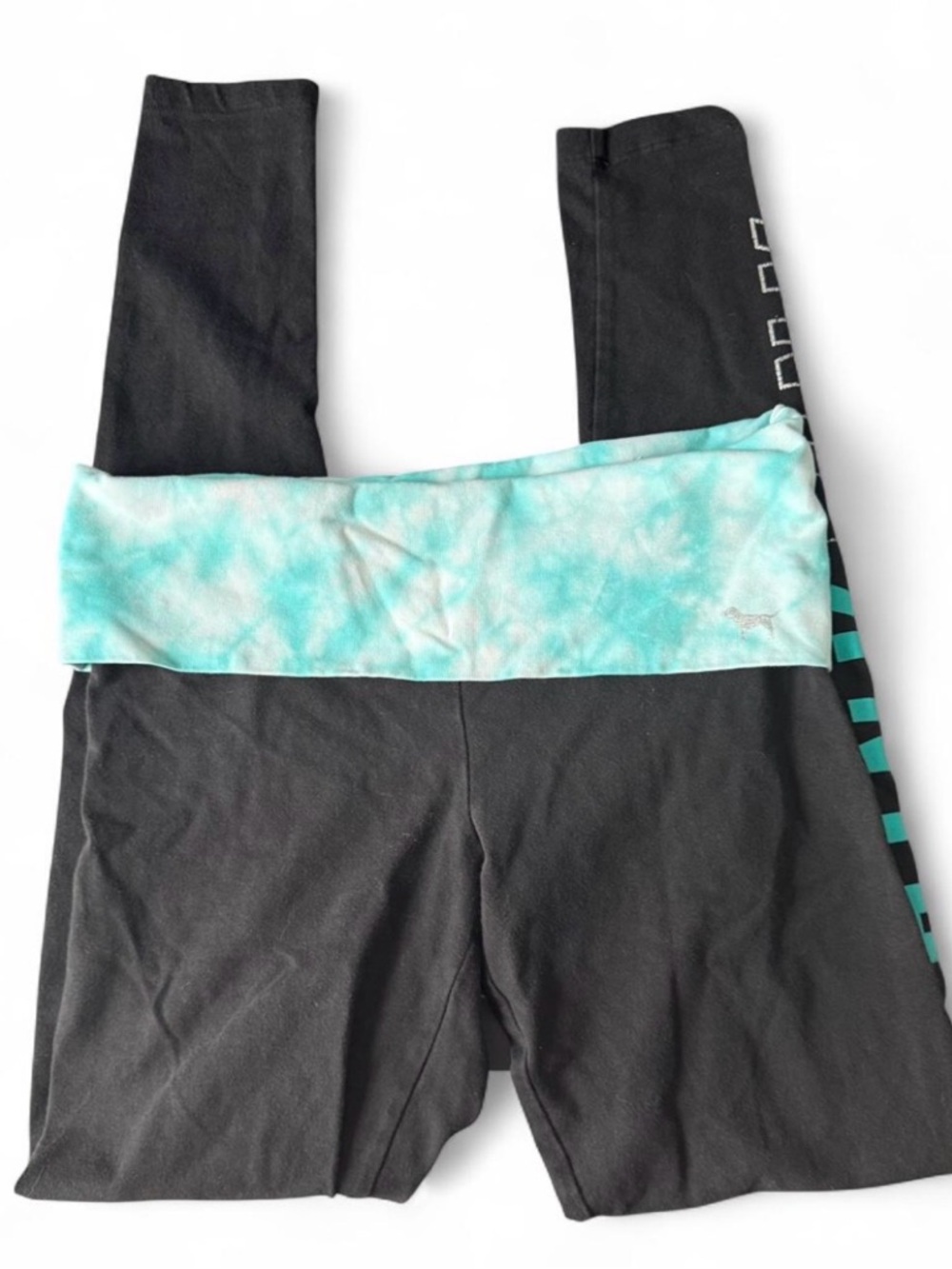 PINK Victoria's Secret Black fold over Leggings with Aqua Tie-Dye Waistband